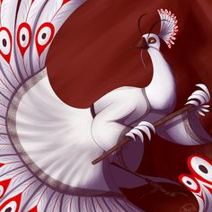 a painting of a white bird holding a stick with red eyes on it's face