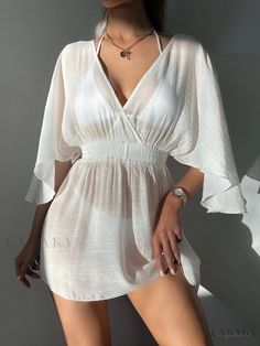 Lasaky - Sun Protecting Beach Dress with Waist Belt, Bikini-style, Sleeveless Backless Long-sleeved Beach Cover-up Dress With Waist Belt, Flowy Beach Dress, Long Sleeve Bathing Suit, Womens Beach Dresses, Coverup Swimsuit, Beach Coverup Dress, Flowy Sleeves, Beach Skirt, Pleated Maxi Dress