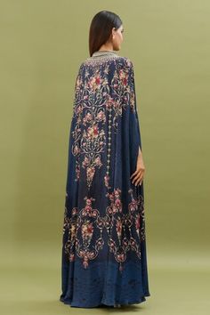 Blue cape attached kaftan with all over floral jaal print highlighted by rhinestones and beadwork embellishments. Comes with embellished belt. - Aza Fashions Floral Print Kaftan For Eid Wedding, Floral Print Kaftan For Wedding And Eid, Eid Wedding Kaftan With Floral Print, Blue Cape, Embellished Belt, Fashion App, Aza Fashion, Cape, Bead Work