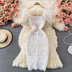 Square Neck Puff Sleeves Slim High-End Lace Women's Dress – Harmony Gallery Evening Midi Dress, White Lace Dress, Lace Bodycon, Lace White Dress, Bodycon Mini Dress, Neck Designs, Puff Sleeves, Square Neck, White Lace