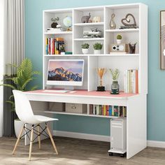 a white desk with a computer on top of it