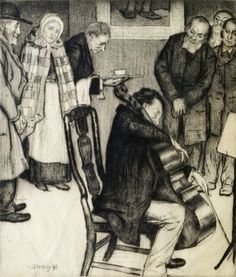 a black and white drawing of a man sitting in a chair next to a group of people