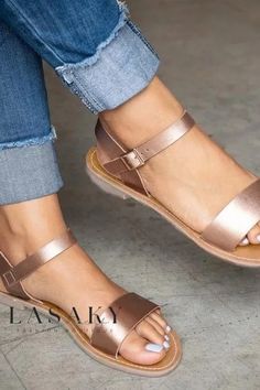 Lasaky - Stylish Flat Slip-On Sandals for Women - Size 43 Rose Gold Open Toe Sandals For Spring, Rose Gold Ankle Strap Sandals For Summer, Rose Gold Sandals For Beach Summer, Summer Beach Rose Gold Sandals, Buckle Outfits, Rose Gold Sandals, Ankle Strap Sandals Flat, Leopard Sandals, Sandals Outfit