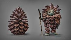 three different types of pine cones with one holding a stick and the other standing next to it