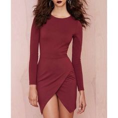 Nastygal Burgundy Long Sleeve, Crew-Neck, Wrap Skirt Detail Mini Dress Nwt Open To Reasonable Offers Fitted Burgundy Mini Dress, Fitted Burgundy Mini Bodycon Dress, Burgundy Fitted Mini Bodycon Dress, Fitted Burgundy Mini Dress With Long Sleeves, Fitted Burgundy Long Sleeve Mini Dress, Burgundy Fitted Long Sleeve Mini Dress, Fitted Burgundy Solid Color Dress, Stretch Mini Length Burgundy Dress, Stretch Burgundy Mini Dress