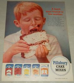 an advertisement for pillsbury cake mixes featuring a young boy eating a piece of cake