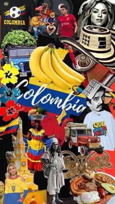 collage of various pictures with the word colombia surrounded by images of people and food