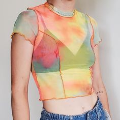 Nwt, Urban Outfitters Bright Pastels Kindred Mesh "Rave" Tee. Uo Exclusive! Such A Cute Top To Wear Over A Swimsuit Or Bra! Sheer Top Made For Layering (Or Go Bold & Braless!) Crewneck, Short Sleeves, Cropped Silhouette, Lettuce Edging, Shrunken Fit. My Model Is 5'10, 150 Pounds, And Usually Wears A M, She Is Wearing A L In This Top & Said It Runs Small. Summer Multicolor Stretch T-shirt, Stretch Multicolor T-shirt For Summer, Fitted Multicolor T-shirt For Summer, Fitted Trendy Mesh Top For Summer, Yellow Y2k Crop Top For Spring, Green Y2k Style Summer Top, Green Y2k Summer Tops, Green Summer Y2k Tops, Fitted Multicolor Mesh Top With Crew Neck