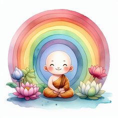 a painting of a little buddha sitting in front of a rainbow with flowers around it