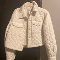 Nwt White Jacket Size L Never Worn Chic Cotton Cropped Jacket For Winter, Chic Cotton Utility Jacket For Winter, Winter White Cotton Outerwear For Cold Weather, White Quilted Jacket For Spring, White Cotton Quilted Jacket For Fall, Casual Winter White Quilted Jacket, Casual Winter White Quilted Long Sleeve Jacket, Casual Long Sleeve Quilted Jacket In Winter White, Casual Cream Quilted Jacket For Spring