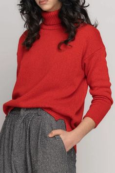 A cashmere wool turtleneck sweater should always be in your closet. The ribbed edges add an extra detail that cinch the bottoms a little bit more. Pair the sweater with leggings or trousers for an almost casual but chic look. The grey or red color will for sure fit in perfectly with the changing colors during the Fall season. Material 40% Viscose, 30% Polyammide, 25% Extrafine Wool, 5% Cashmere Details Made in Italy Roll Neck Sweater Outfit, Sweater With Leggings, Red Turtleneck Sweater, Wool Turtleneck Sweater, Red Turtleneck, Childrens Hats, Roll Neck Sweater, Wool Turtleneck, Red S