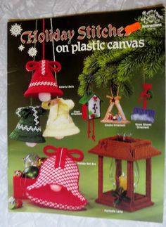 an advertisement for holiday sewing on plastic canvass, featuring bells and other christmas decorations