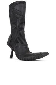 Fitted Black Boots With Vibram Sole, High Ankle Moto Boots With Reinforced Heel, Fitted Moto Boots With Reinforced Heel And High Ankle, Fitted High Ankle Moto Boots With Reinforced Heel, Fitted High Ankle Edgy Moto Boots, Edgy Fitted Leather Boots, Fitted Edgy Leather Boots, Fitted Leather Moto Boots With High Heel, Fitted Leather Platform Boots With Padded Ankle