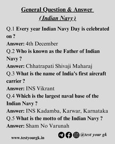 Visit our website: www.testyourgk.in Our post is full of amazing gk. If you like to read and improve your gk, then you must FOLLOW our page @test your gk . LIKE . SHARE . COMMENT . #gk  #upscgk  #upsc  #ssc  #ssccgl  #railway  #worldg  #facts  #gkquiz  #gkindia  #gkinhindi #sports Indian Navy Day, Learning New Things, Navy Day, Gk In Hindi, Indian Navy, Writing Inspiration Prompts, India First, One Liner, Aircraft Carrier