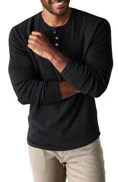 A comfy cotton-blend knit with contrasting top-stitching adds to the appeal of this timeless henley. 58% cotton, 39% polyester, 3% spandex Machine wash, tumble dry Imported Casual Black Henley For Fall, Casual Black Henley With Crew Neck, Casual Black Crew Neck Henley, Contrast Top, Nordstrom Store, Black Fits, Top Stitching, Stitching, Cotton Blend