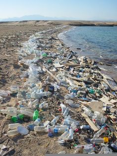 a beach covered in lots of plastic bottles and debris next to the water's edge