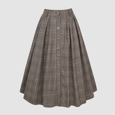 "pleated-detail buttoned wool skirt A-line wool skirt Linennaive's timeless, minimalist pieces are the perfect building blocks for curating your own capsule wardrobe.  This skirt embodies effortless and timeless elegance.  Tailored from soft wool, it has a timeless A-line silhouette. Presented in a vintage brown and check pattern, the piece has fabric-covered buttons at the front that add to its sophistication. Elegant pleats create a dynamic, feminine look. The high-waisted design features front button detailing, you can wear it with a belt, perfect for sophisticated casual wear. This wool skirt is made for you. We know it, you know it, the skirt knows it. 【Fabric】 wool, fully lined 【Length】 36-37 inches.  【Size】 *SIZE XS  waist: 26\"/ 66 cm *SIZE S  waist: 27\"/ 70 cm *SIZE M  waist: 29/ Fall A-line Skirt With Buttons, Relaxed Full Skirt With Buttons, Brown Knee-length Skirt With Button Closure, Elegant Brown Skirt With Buttons, Wool Pleated Office Skirt, Brown A-line Skirt For Workwear, Brown Pleated Midi Skirt For Work, Brown Workwear Skirt With Pockets, Fall Office Skirt With Button Closure