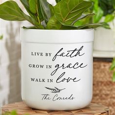 a potted plant with the words live by faith grow in grace love on it