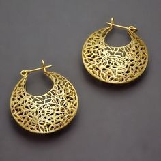 "Handmade large filigree hoop earrings designed with ancient Victorian style. These are cambered to a large basket shape and uneven shapes sawed on it by hand in various sizes. ▸▸ Measurments◂◂ - Diameter of one basket is 3.7cm / 1.5\". - Length: 4.2cm / 1.7\". - The weight of one earring is: 6.5g Also comes at a smaller size: https://www.etsy.com/il-en/listing/76844750 ▸▸ Material◂◂ - Sterling silver - Rose gold or 18k yellow gold coating over sterling silver ear wire and brass basket. Choose t Wedding Filigree Hoop Earrings, Brass Filigree Hoop Earrings For Wedding, Gold Hoop Earrings, Pierced, Gold Hoop Pierced Earrings, Gold Hoop Earrings Pierced, Small Hoop Gold Filigree Earrings, Gold Hoop Earrings With Intricate Design, Brass Hoop Earrings For Wedding, Hoop Earrings With Filigree For Gift