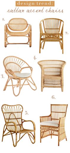 different types of rattan chairs and tables with text overlay that says design trend national accent chairs