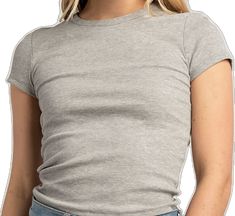 Trendy Seamless Top For Layering, Gray Crew Neck Top For Layering, Basic Stretch Tops For Layering, Seamless Tops With Relaxed Fit, Solid Color Seamless Tops With Relaxed Fit, Trendy Gray Stretch Knit Top, Stretch Top With Ribbed Neckline And Short Sleeves, Trendy Stretch Gray Knit Top, Gray Stretch Tops For Everyday