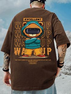 Coffee Brown Casual Collar Short Sleeve Fabric Cartoon  Embellished Slight Stretch  Men Clothing Mens Tshirt Design Ideas Graphic Tees, Mens Tshirt Print Design, Men T Shirt Design Ideas, Tshirt Designs For Men, Graphic Tshirt Design Art, Cartoon Tshirt Design, Men's Tshirt Design