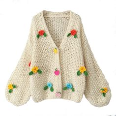 Bohemian One-size Chunky Knit Sweater, Bohemian One Size Chunky Knit Sweater, Beige Cardigan With Floral Embroidery For Fall, Beige Floral Embroidered Cardigan For Fall, Cute Chunky Knit Sweater For Spring, Hippie Crochet Cardigan For Fall, Trendy Crochet Sweater For Spring, Handmade Hippie Cardigan For Spring, Fall Hippie Crochet Cardigan