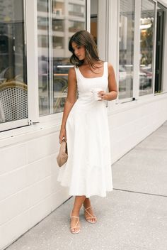 Una Midi Dress - White Bridal Outfits Rehearsal Dinners, White Midi Dress Classy, Rehearsal Dinner Bride Outfit, White Graduation Dress High School, Engagement Fits, Rehersal Dinner Dress, White Dress For Engagement, White Square Neck Dress, Bridal Shower Outfit For Bride