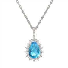 Add timeless elegance to your jewelry collection with this Sterling Silver Blue Topaz Pendant. Add timeless elegance to your jewelry collection with this Sterling Silver Blue Topaz Pendant. FEATURES Pendant dimensions: 0.87''x0.48'' Chain length: 18 in. Chain type: rope Clasp: spring-ring Nickel free Metal: sterling silver Plating: rhodium Finish: polished Packaging: boxedSTONE DETAILS Stone type: blue topaz, lab-created white sapphire Total weight: 3 9/10 ct. Center stone weight: 3 3/8 ct. Cent Blue Drop Jewelry With Diamond Accents, Blue Teardrop Pendant Jewelry With Diamond Accents, Blue Teardrop Pendant With Diamond Accents, Blue Teardrop Jewelry With Diamond Accents, Blue Teardrop-shaped Jewelry With Diamond Accents, Blue Topaz Drop Necklaces, Blue Drop Necklaces With Blue Topaz, Elegant Blue Teardrop Necklace, Elegant Pear-shaped Blue Jewelry