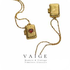 VAIGE Red Heart Locket Book Gold Necklace Embrace the exquisite charm of our Red Heart Locket Book Gold Necklace, a perfect blend of elegance and sentimentality. This stunning piece is designed to capture the essence of love, making it an ideal accessory for any occasion. Key Features: Elegant Design: The locket's heart shape symbolizes deep affection, making it a meaningful gift for loved ones. Perfect Size: With a pendant measuring 14.5x20mm, it's a charming accent that fits seamlessly into yo Vintage Heart Pendant Locket Necklace With Adjustable Chain, Elegant Vintage Charm Locket Necklace For Valentine's Day, Heart Pendant Locket Necklace Gift, Vintage Charm Heart Pendant Necklace For Mother's Day, Adjustable Locket Pendant Necklace For Gift, Valentine's Day Pendant Locket Necklace With Adjustable Chain, Adjustable Pendant Locket Necklace Gift, Mother's Day Heart Pendant Necklace With Vintage Charm, Valentine's Day Medallion Necklace With Vintage Charm