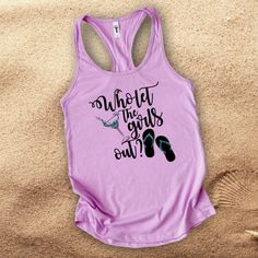 Girls weekend drinking tank/ margarita beach tank/ girls trip summer vacation girls night out shirts featuring Who let the girls out with a margarita and flip flops in pearl metallic teal. The great athletic properties of this super soft cotton/poly tank top is sure to become your favorite tank. • 60% combed ringspun cotton, 40% polyester lightweight jersey• fabric laundered for reduced shrinkage • Racer back detail Beach Tanks, Drinking Shirts, Tank Girl, Girls Weekend, Racer Back, Girls Night Out, Cancun, Girls Out, Girls Trip