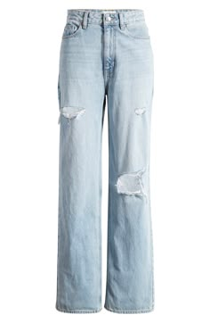 Ripped-out holes and a faded wash put a retro spin on high-waisted boyfriend jeans cut from comfortable cotton nonstretch denim. 32" inseam; 16" leg opening; 12 1/2" front rise; 16" back rise (size 29) Zip fly with button closure Five-pocket style 100% cotton Machine wash, tumble dry Imported Ripped Jeans High Waist, Trendy Ripped Medium Wash Cropped Jeans, Trendy Ripped Cropped Jeans In Medium Wash, Distressed Relaxed Fit Flare Jeans For Spring, Trendy Rigid Denim Summer Flare Jeans, Trendy Rigid Denim Flare Jeans For Summer, Spring Distressed Relaxed Fit Flare Jeans, Spring Relaxed Fit Distressed Flare Jeans, Summer Flare Jeans In Denim