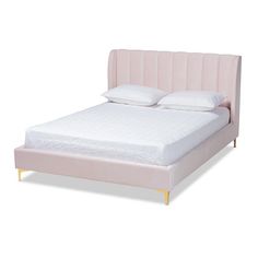 Baxton Studio Saverio Glam and Luxe Light Pink Velvet Fabric Upholstered Queen Size Platform Bed with Gold-Tone Legs FredCo Pink Headboard, Classic Channel, Studio Bed, Blue Velvet Fabric, Queen Size Platform Bed, Queen Platform Bed, Bed Dimensions, Bed Lights, Baxton Studio