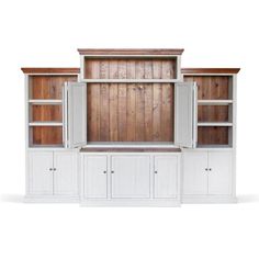 a white entertainment center with wooden shelves and doors on each side, against a white background