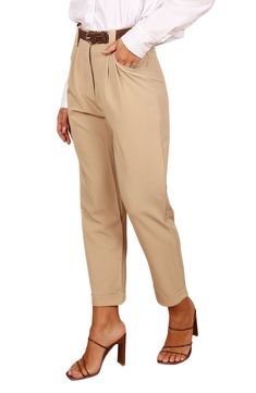 A stretchy, seasonless blend brings casual comfort to high-waisted pants equipped with practical pockets in a straight-leg silhouette. Zip fly with button closure Front slant pockets 80% polyester, 16% rayon, 4% spandex Hand wash, dry flat Imported Fall Ankle-length Solid Work Pants, Beige Ankle-length Chinos For Work, Chinos With Pockets For Workwear, Versatile Tapered Leg Chinos For Work, Versatile Ankle-length Dress Pants With Welt Pockets, Chic Beige Chinos For Work, Chic Solid Ankle-length Work Pants, Casual Ankle-length Chinos For Work, Business Casual Ankle-length Work Pants