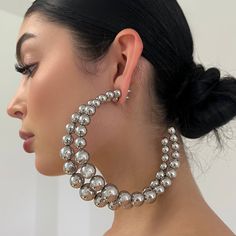 The Large Chrome Beaded Hoops – BERNA PECI JEWELRY Elegant Polished Beads Earrings For Party, Elegant Party Earrings With Polished Beads, Party Beaded Dangling Round Earrings, Round Beaded Earrings With Dangling Beads For Party, Party Round Beaded Earrings With Dangling Beads, Silver Beaded Earrings For Party, Silver Beaded Metal Earrings For Party, Party Beaded Earrings With Silver Beads, Party Hoop Beaded Earrings