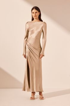 LA LUNE FLARED SLEEVE SIDE SPLIT MIDI DRESS | GOLD | DRESSES | SHONA JOY Long Sleeve Bridesmaid Dress, Gold Dresses, Champagne Bridesmaid Dresses, Gold Bridesmaid Dresses, Mango Dress, Shona Joy, Silk Touch, Dress Gold, Midi Length Skirts