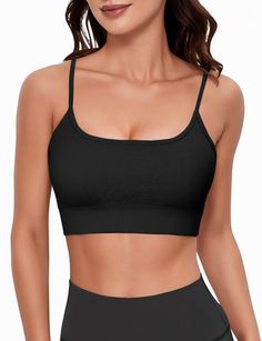 PRICES MAY VARY. 【Scoop neck & Seamless Padded Design】Our Sports bra is designed with a Scoop neck design and a removable and thickened pads, which is light and breathable, improves comfort experience, makes it more comfortable to wear and makes you more sexy.A completely wireless design that doesn't provide much support and won't make you have any bound feeling 【Adjustable Back Straps】Designed with slender straps and adjustable back straps, our wireless bra delivers a comfortable and secure fit Black Sports Bra With Seamless Construction And Wide Straps, Sporty Spaghetti Straps Activewear For Gym, Sporty Sports Bra With Spaghetti Straps For Yoga, Sporty Spaghetti Strap Sports Bra For Yoga, Black Seamless Tank Top For Gym, Sporty Spaghetti Strap Activewear For Workout, Black Seamless Gym Tank Top, Seamless Tank Strap Sports Bra For Gym, Seamless Sports Bra With Tank Straps For Gym