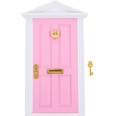 a pink door with a gold handle and key on the front, isolated against a white background