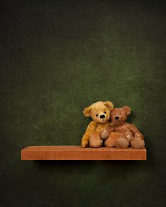 two teddy bears sitting on top of a wooden shelf in front of a green wall