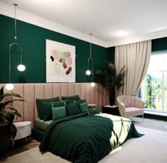 a bedroom with green walls and white carpeted flooring is pictured in this image