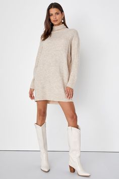 Prepare to be the cutest (and warmest) babe of the season in the Lulus Positively Charming Heather Beige Turtleneck Mini Sweater Dress! Soft brushed sweater knit shapes this cozy dress that features a chic turtleneck framed by long sleeves with drop shoulders. The relaxed, shift silhouette boasts a front patch pocket before it falls to a cute mini hem that pairs perfectly with your favorite knee-high boots. Ribbed knit accents the neckline, cuffs, and hem. Fit: This garment fits true to size. Le Beige Dress Outfit Fall, Cream Sweater Dress Outfit, Beige Dress Outfit, Sweater Dress With Boots, Sweater Dress Outfits, Shift Dress Outfit, Movie Core, Beige Knit Dress, Beige Turtleneck