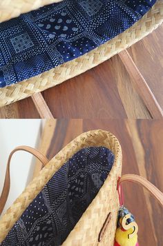 a basket with a stuffed animal in it sitting on the floor next to a wooden bench