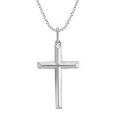 This gorgeous traditional cross necklace is crafted of quality sterling silver and hangs from a matching 20-inch diamond cut box chain. The handsome design measures one inch in length and 3/5 of an inch wide. Silver Cross Necklace For Men, Stainless Steel Cross Pendant Necklace With Box Chain, Mens Silver Cross Necklace, Mens Cross Necklace Silver, Gold Cross Necklace Men, Silver Cross Pendant For Men, White Gold Cross Necklace, Nickel-free Sterling Silver Cross Necklace, Mens Cross Necklace