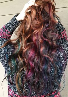 auburn hair with pink, blue and green balayage Green Balayage, Balayage Hair Color Ideas, Auburn Balayage, Sunset Hair, Balayage Hair Color, Balayage Blond, Auburn Red, Peekaboo Hair