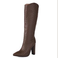 Shop Women's Coffee-brown Animal Printed Pointed Toe Chunky Heel Knee High Boots color Brown for Hanging out, Night Club, Party with worldwide Free shipping & Free return. Brown Pointed Toe Heeled Boots For Winter, Brown Faux Leather Knee-high Boots For Winter, Brown Faux Leather Knee-high Boots With Block Heel, Brown Pointed Toe Mid-calf Boots For Fall, Fall Brown Pointed Toe Mid-calf Boots, Chic Brown Wide Calf Mid-calf Boots, Chic Wide Calf Mid-calf Boots In Brown, Brown Knee-high Boots For Party, Chic Brown Faux Leather Knee-high Boots