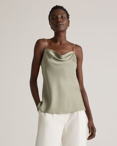 The neckline on this cami deserves a chef’s kiss. Softly draped to highlight your shape, it’s the ideal layer under a cardigan or blazer, or wear it on its own—a top this good deserves the spotlight. Adjustable straps ensure the right fit, and side slits let it sit perfectly on your hips. Made of our bestselling premium mulberry silk with a hint of stretch, famously low-maintenance and washable. Plus, silk fiber contains 18 kinds of amino acids that make it amazing for skin nourishment, hypo-all Fitted Cowl Neck Tank Top For Summer, Chic Summer Cowl Neck Tank Top, V-neck Camisole For Spring Workwear, Chic Summer Tank Top With Cowl Neck, Elegant Cowl Neck Top For Work, Chic Summer Tops With Cowl Neck, Chic Fitted Cowl Neck Tank Top, Chic Layering Camisole With Spaghetti Straps, Chic Camisole With Spaghetti Straps For Layering