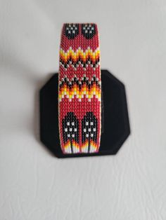 "I use size 15 seed beads. The length is 6\" and width is 3/4\". Product is an adjustable cuff bracelet with a pig skin covering." Beaded Stuff, Beaded Cuff Bracelet, Native American Beading, Beaded Cuff, Unique Bracelets, Pig Skin, Photo Bracelet, Pin Collection, Bracelet Designs