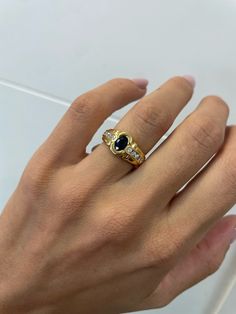 Vintage Sapphire Ring - 0.4CT Oval Natural Sapphire, 18k Yellow Gold, Estate Ring, Antique jewelry, Diamond Pave Ring, gold vintage ring Jewelry Yellow Gold 18k  (the gold has been tested by a professional) Total Carat Weight: 0.6ct (Approx.) Total Metal Weight: 4.35g Size:6.25 US  / Diameter 16.71 mm (inner diameter) Luxury Gold Sapphire Ring In Recycled Gold, Luxury Gold Sapphire Ring With Recycled Gold, Vintage Thick Band Engagement Ring, Cognac Engagement Ring, Gold Oval Cabochon Sapphire Ring For Formal Occasions, Classic Yellow Gold Sapphire Ring Oval Cabochon, Gold Sapphire Ring With Oval Cabochon For Formal Events, Formal Gold Oval Cabochon Sapphire Ring, Formal 14k Gold Sapphire Ring With Oval Cabochon