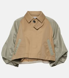 Find Sacai Cotton-blend Gabardine And Twill Jacket on Editorialist. Material: 63% cotton, 37% polyester. Closure: concealed buttoned front. Pockets: snap-buttoned pockets. Hem: drawstring at the hem for an adjustable fit. Care instructions: dry clean. Made in Japan. Designer color name: Beige L/Khaki. Details: 100% nylon. Material II: 90% wool, 10% nylon. Filling: 100% polyester. Lining: 100% cupro. Sports Day Outfit, Sewing Details, Luxury Crossbody, Women Outerwear, Woven Jacket, Twill Jacket, Utility Jacket, Color Name, Crop Jacket